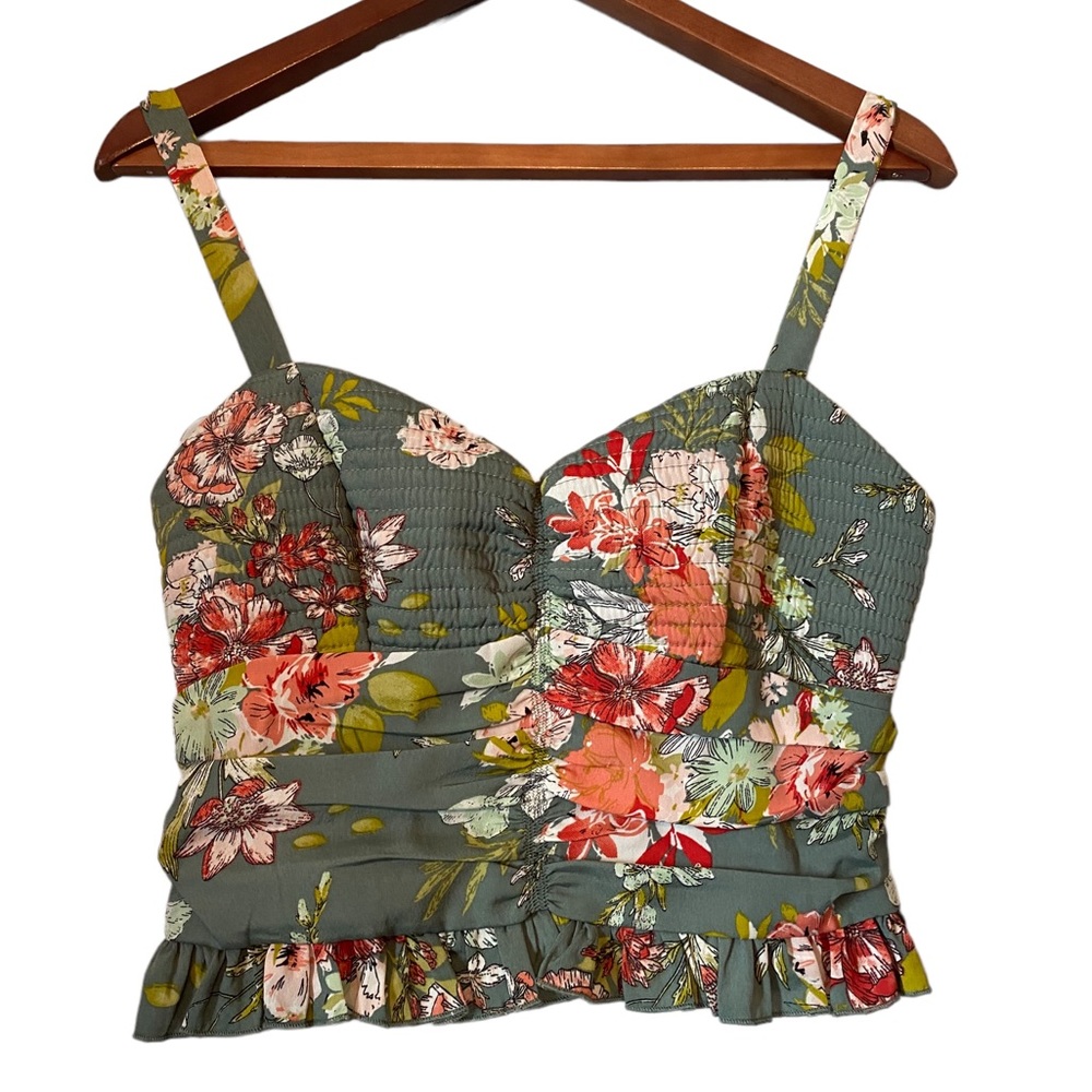 BOG Collective Floral Ruched Ruffled Crop Top